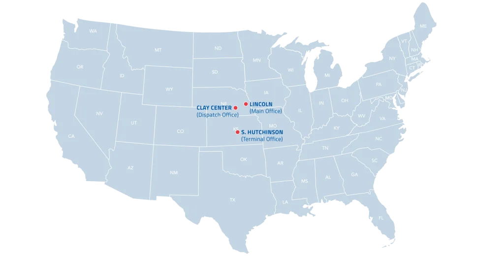 USA map showing Dahlsten’s midwestern USA service locations in Nebraska and Kansas